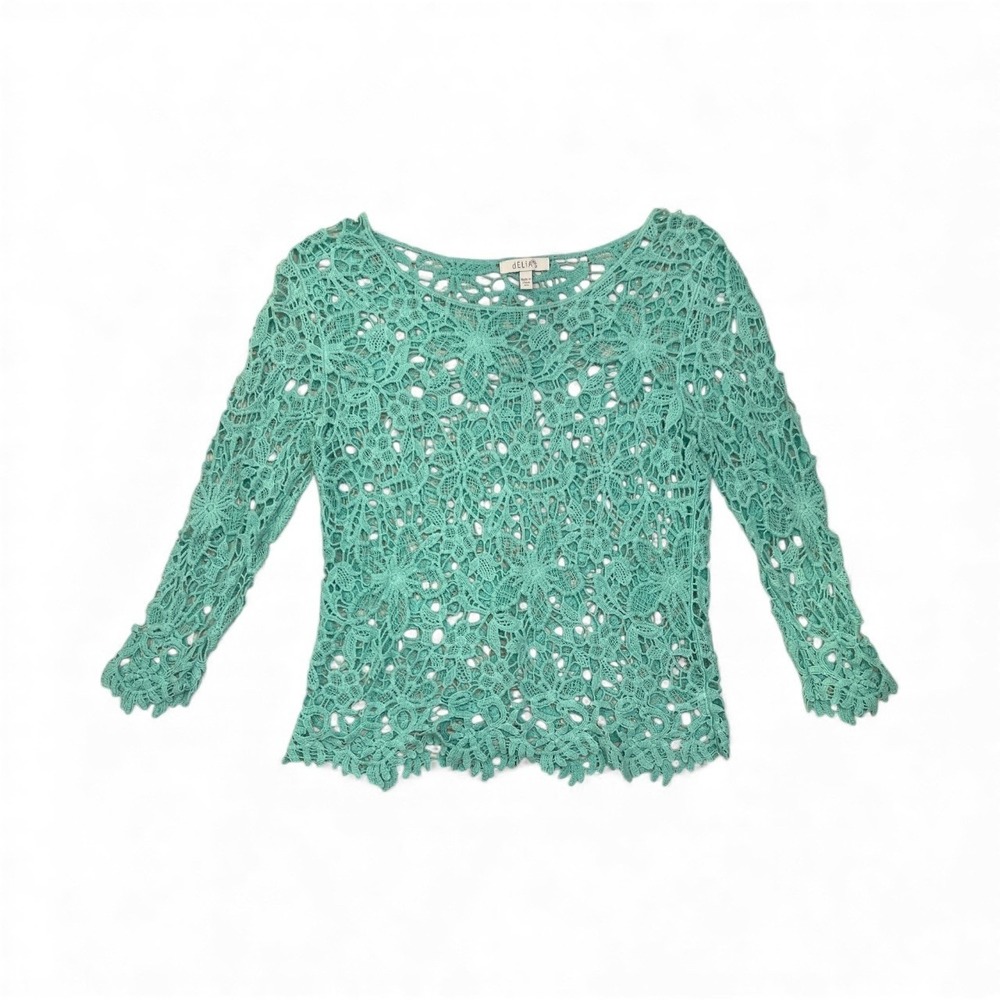 dELiA*s Y2K Open Knit Crochet Floral Lace Long Sleeve Teal XS Boho Festival‎